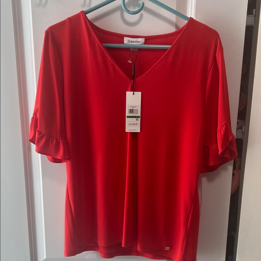 Calvin Klein Vivid Red Blouse with Ruffled Sleeves